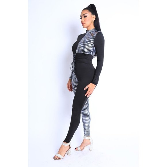 Women's Mosaic Colorblock Tie Detailed Jumpsuit Party Club Lounge Jumpsuit - Picture 10 of 13
